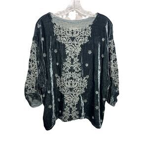 Johnny Was Womens Embroidered Velour Tunic Top Medium Teal